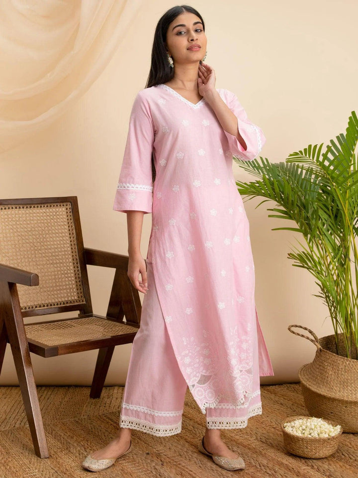 Pink Embroidered Cotton Kurta - ShopLibas