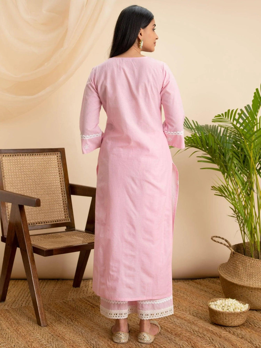 Pink Embroidered Cotton Kurta - ShopLibas