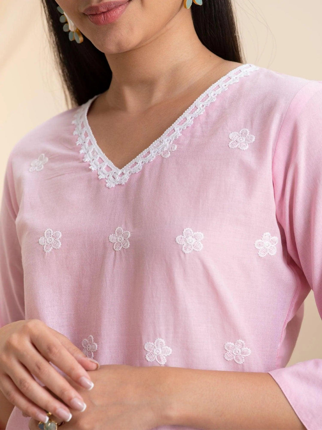 Pink Embroidered Cotton Kurta - ShopLibas