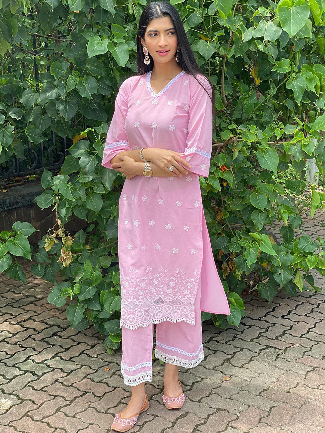 Pink Embroidered Cotton Kurta - ShopLibas