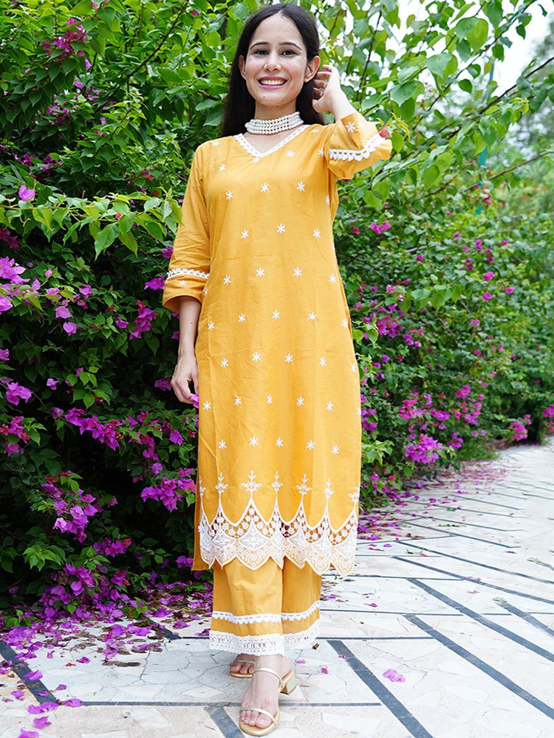 Yellow Embroidered Cotton Kurta - ShopLibas