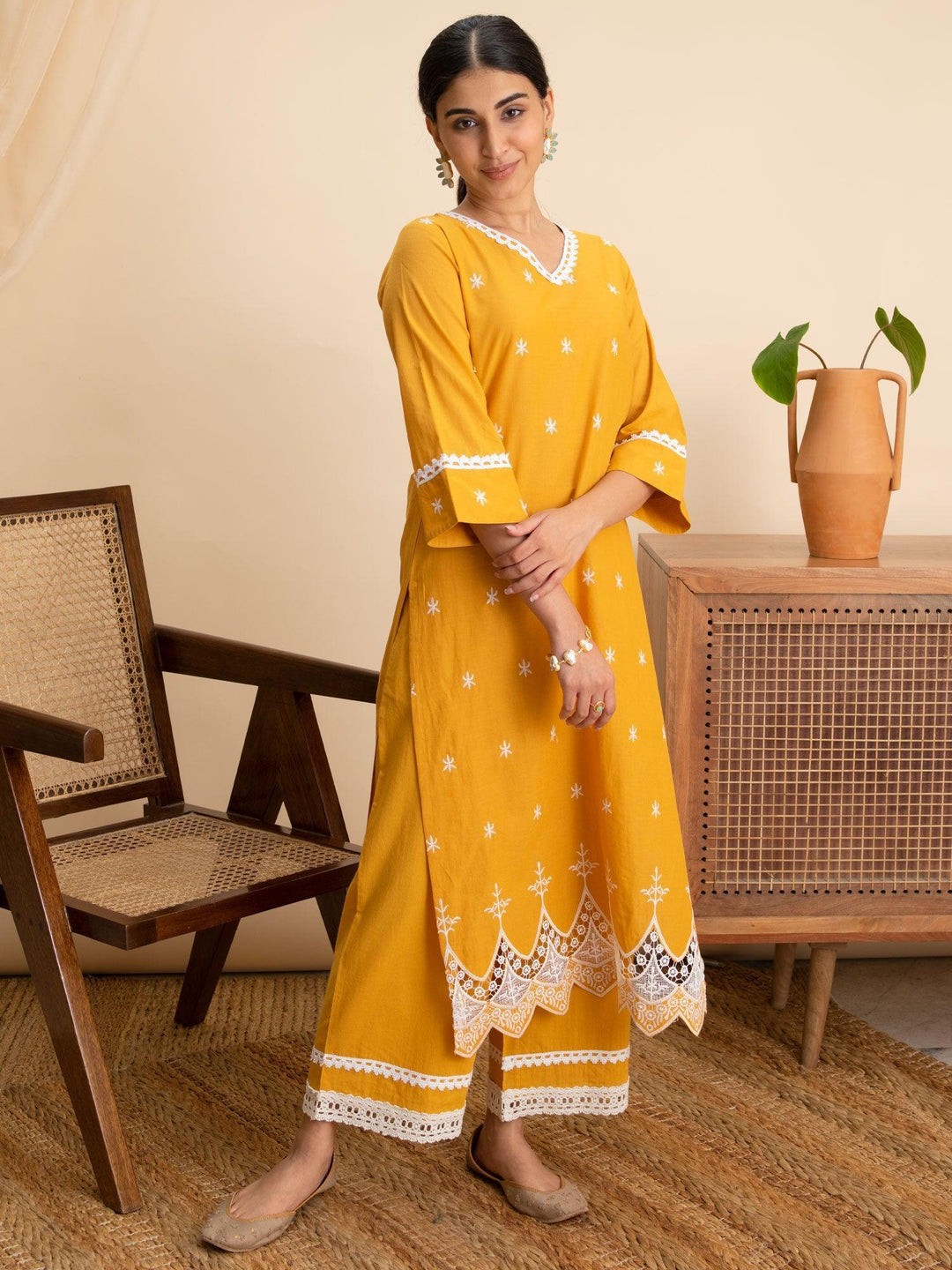 Yellow Embroidered Cotton Kurta - ShopLibas