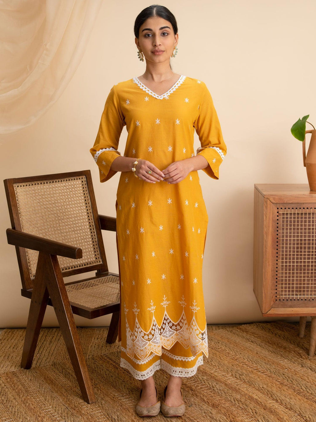 Yellow Embroidered Cotton Kurta - ShopLibas