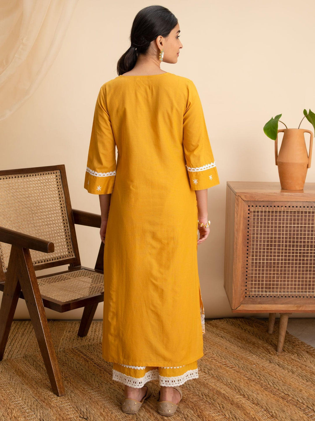 Yellow Embroidered Cotton Kurta - ShopLibas