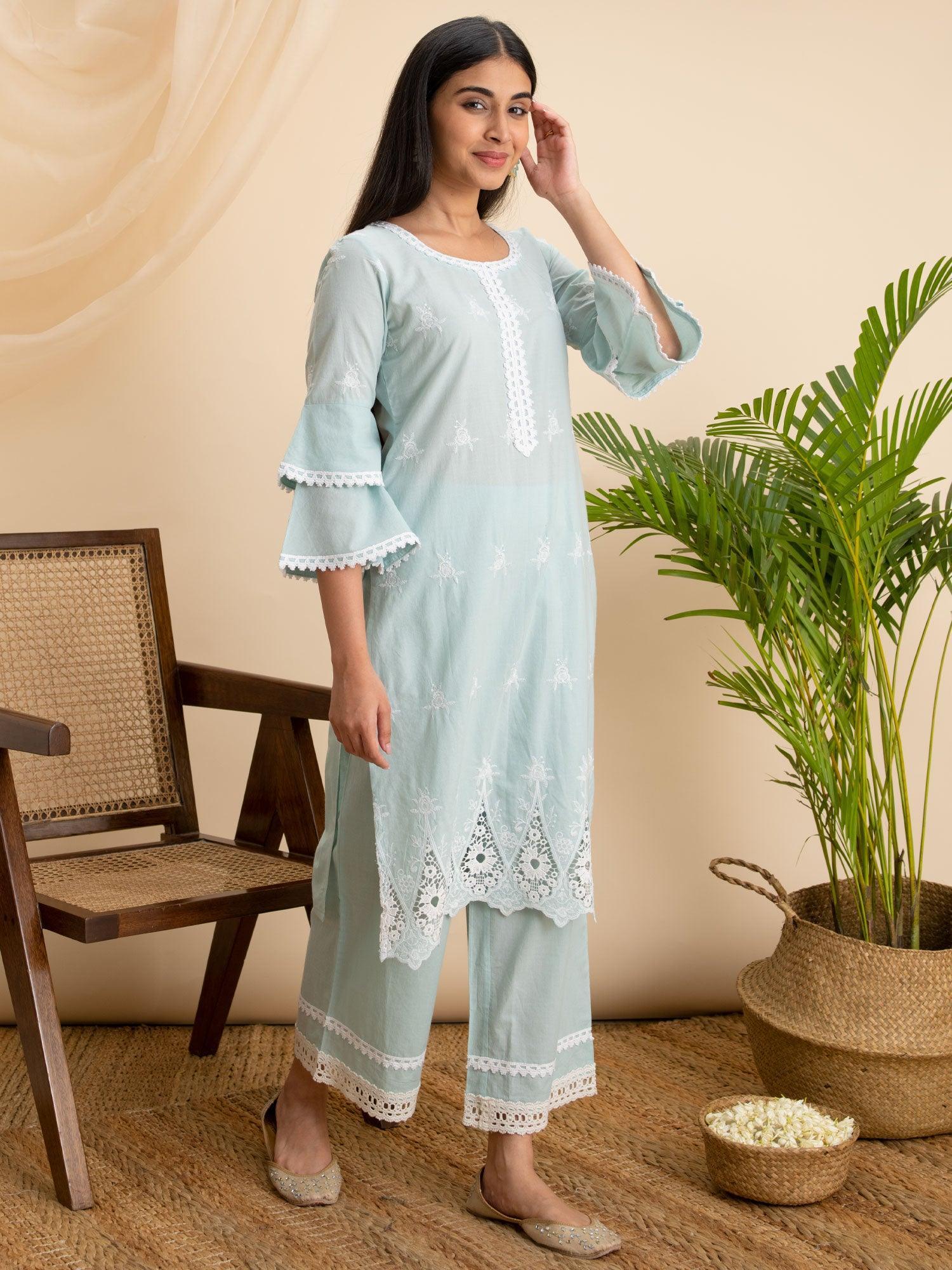 Blue Embroidered Cotton Kurta