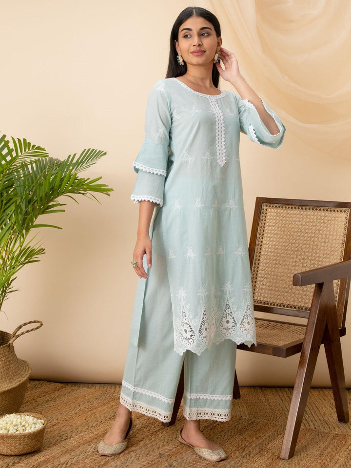 Blue Embroidered Cotton Kurta - ShopLibas