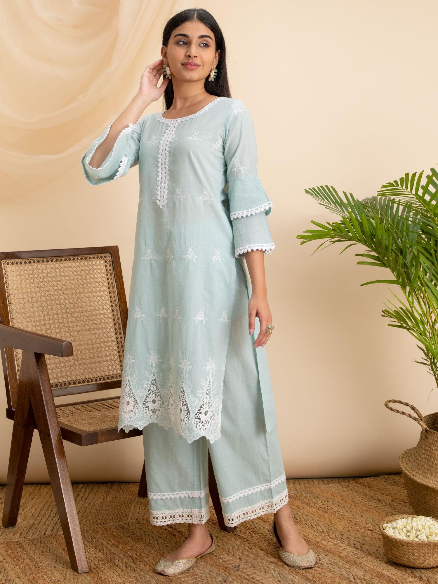 Blue Embroidered Cotton Kurta