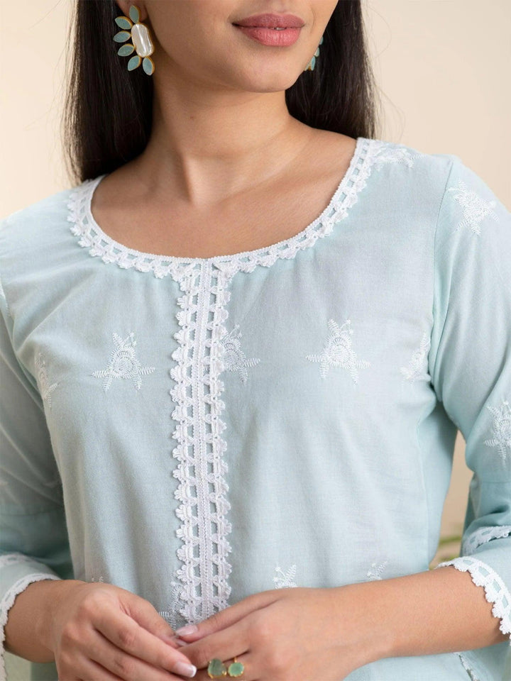 Blue Embroidered Cotton Kurta - ShopLibas