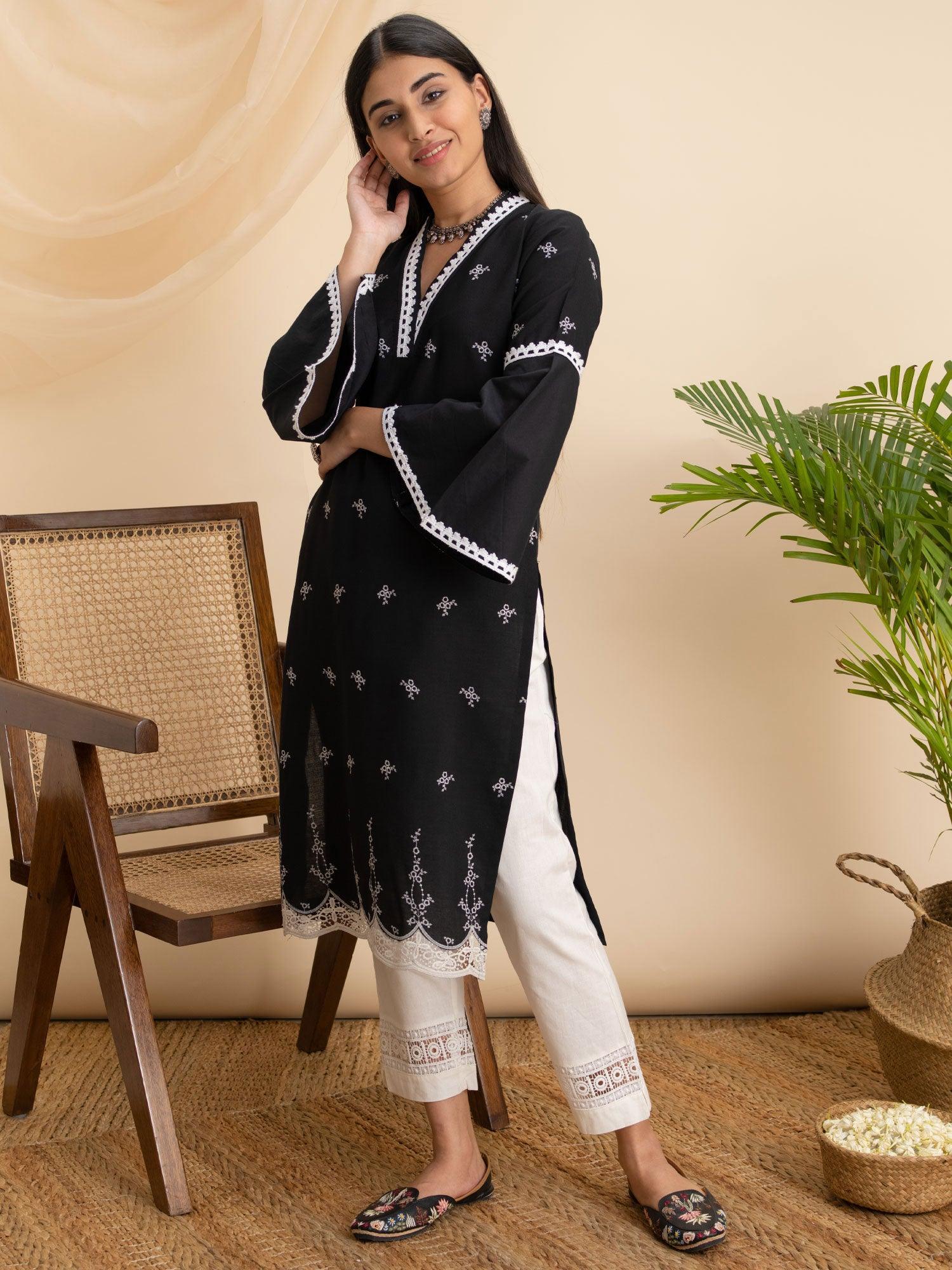 Black Embroidered Cotton Kurta