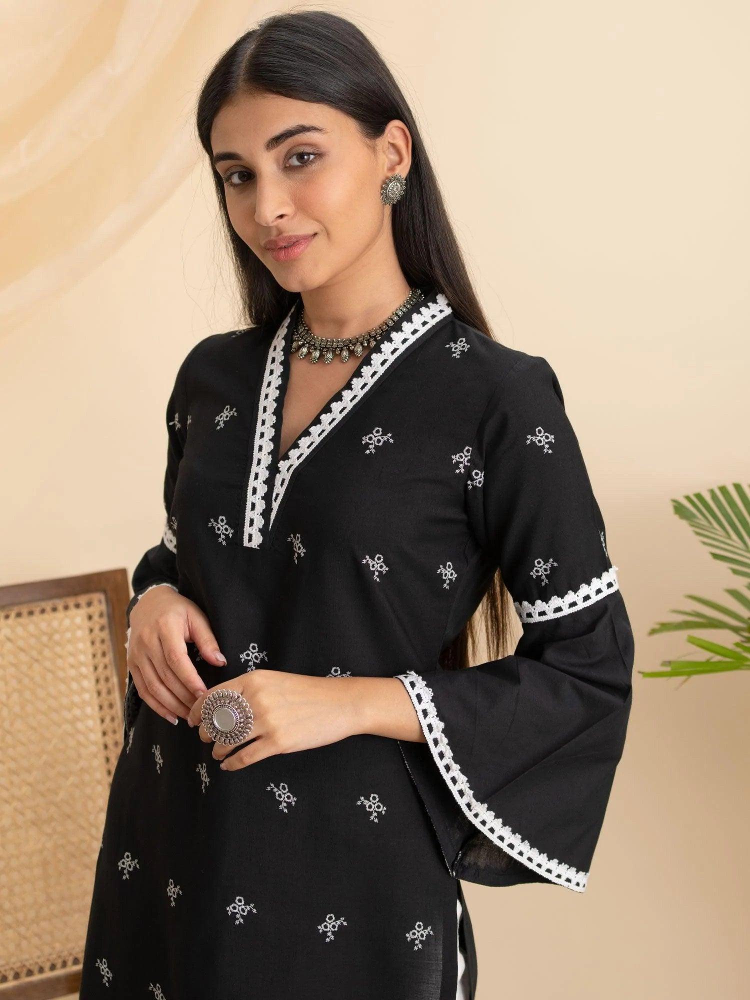 Black Embroidered Cotton Kurta