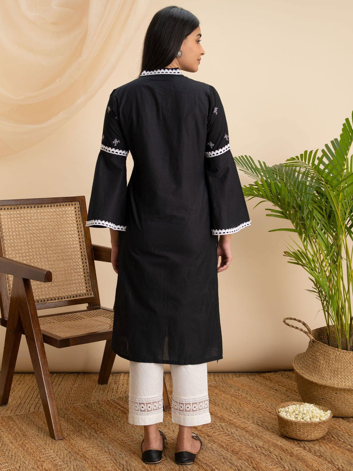 Black Embroidered Cotton Kurta - ShopLibas