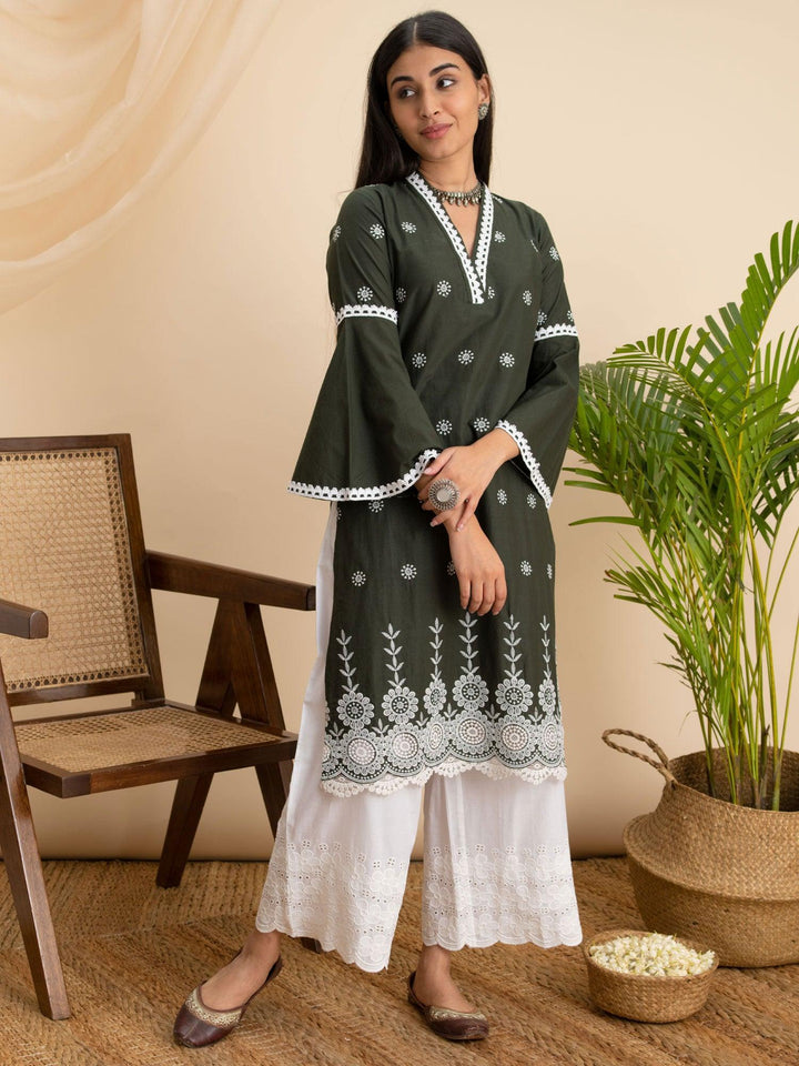 Olive Embroidered Cotton Kurta - ShopLibas