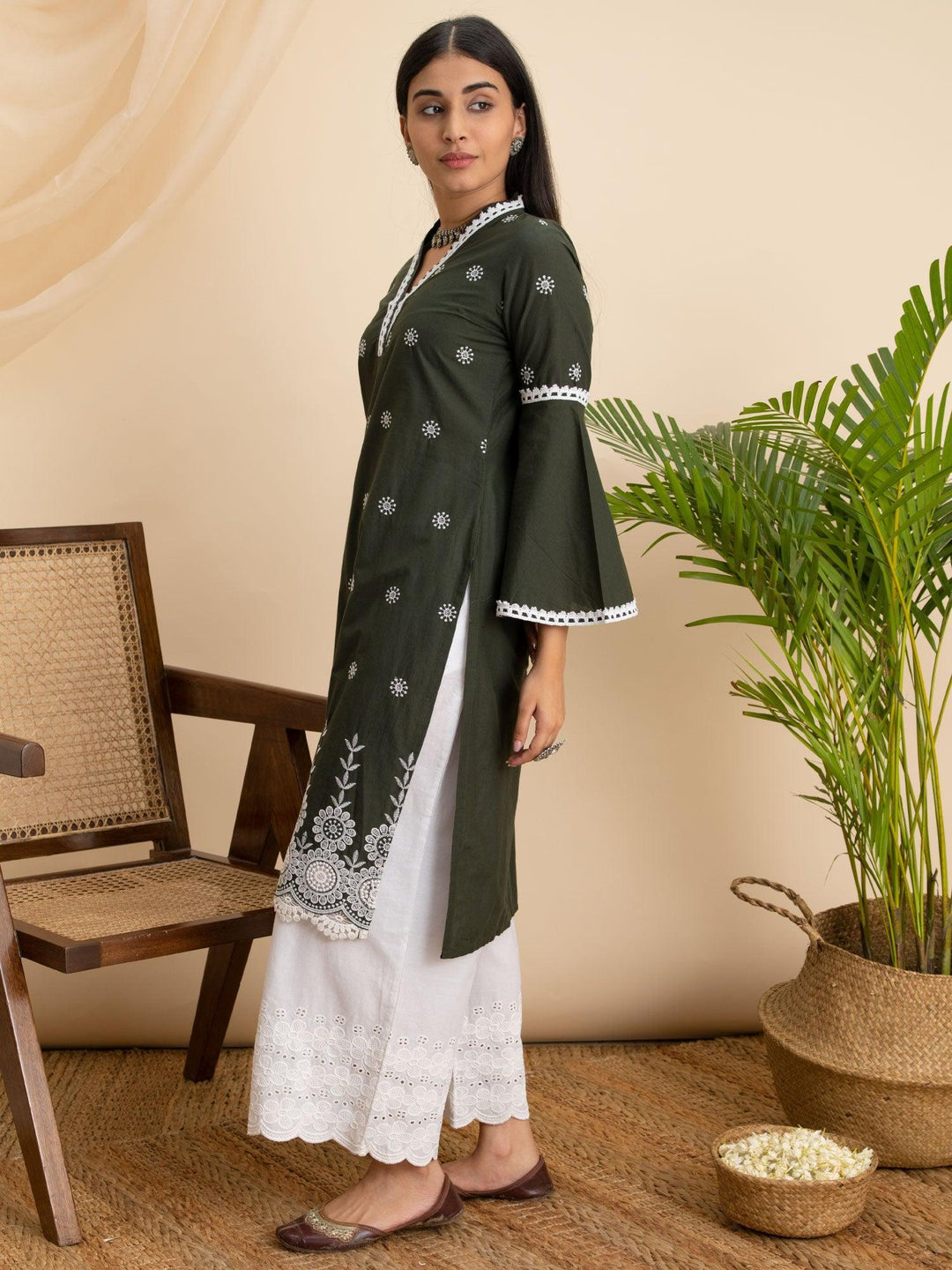 Olive Embroidered Cotton Kurta - ShopLibas