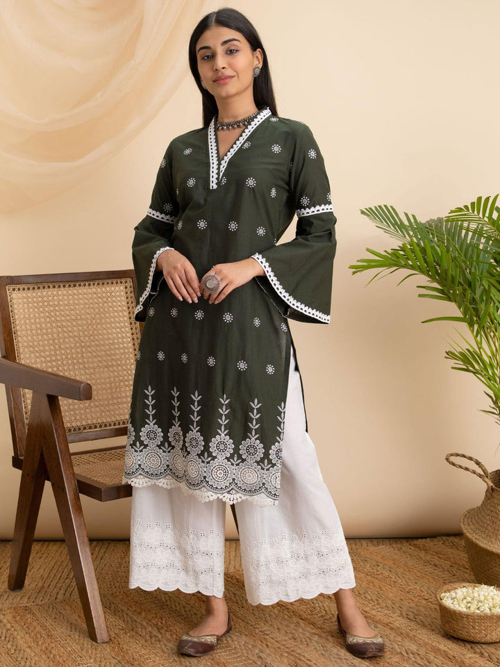 Olive Embroidered Cotton Kurta - ShopLibas