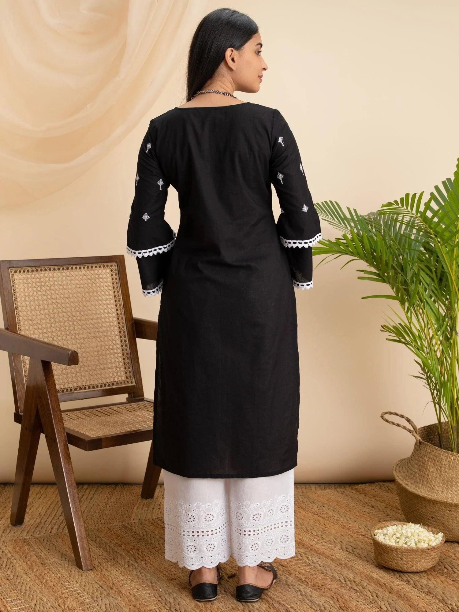 Black Embroidered Cotton Kurta