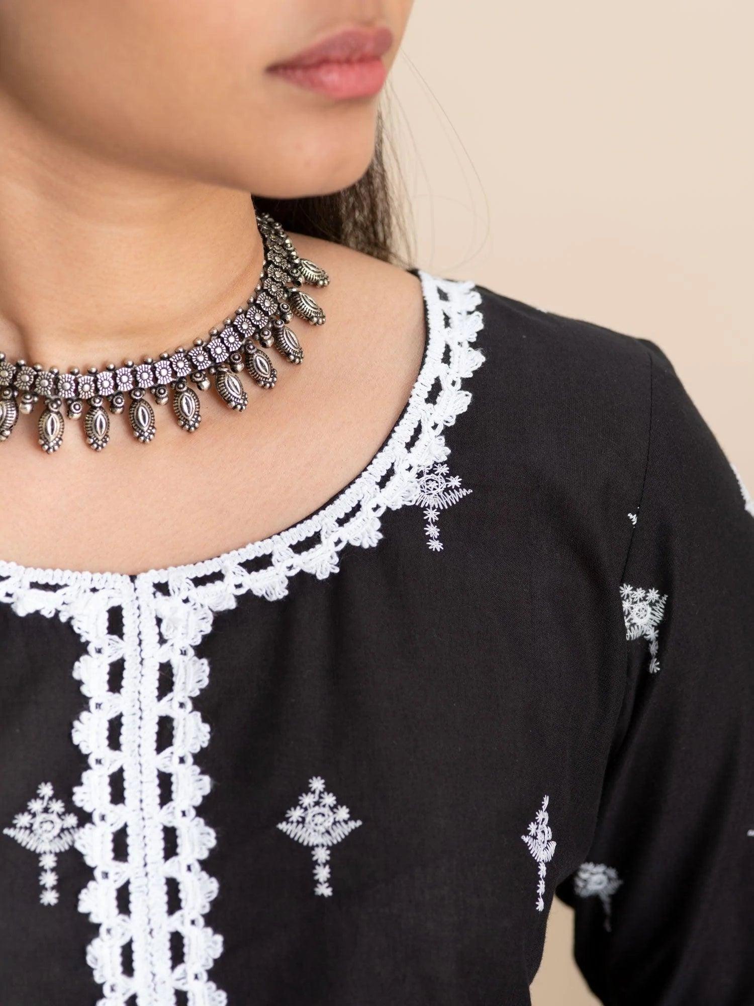 Black Embroidered Cotton Kurta