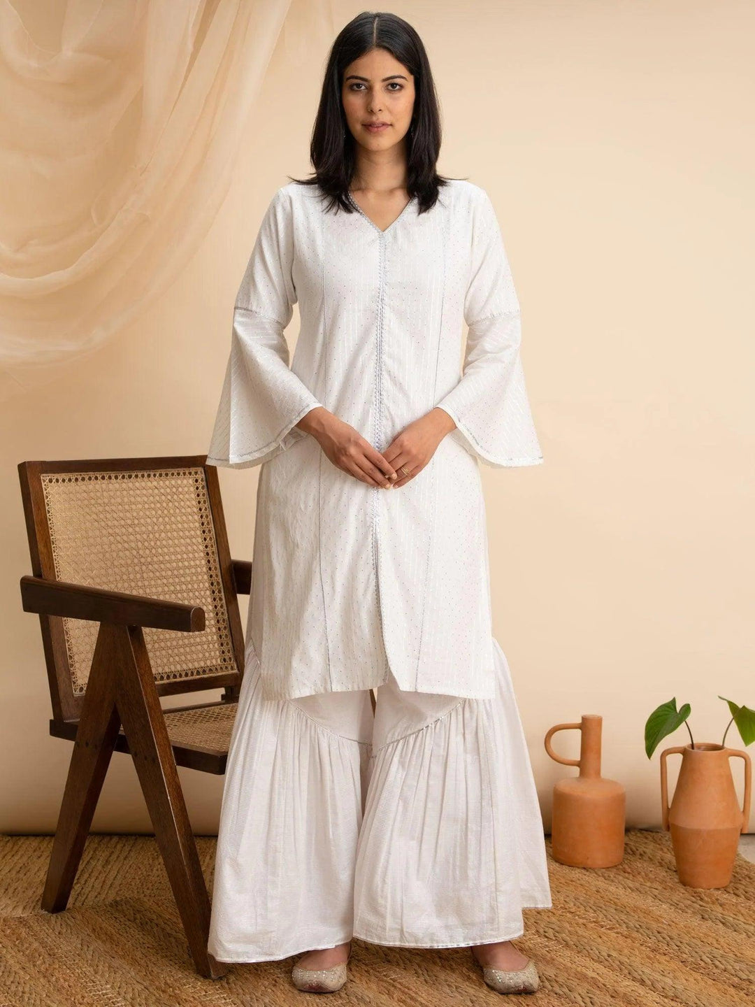 White Woven Design Cotton Kurta - ShopLibas