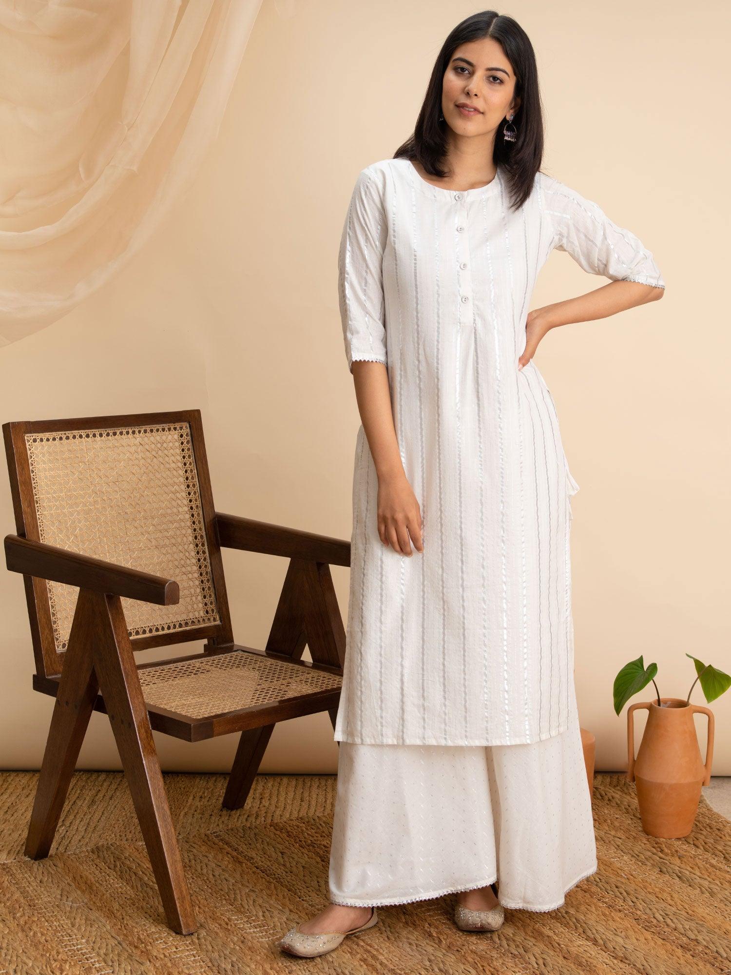 White Woven Design Cotton Kurta