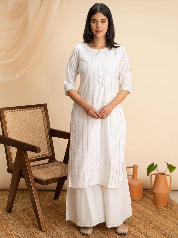 White Woven Design Cotton Kurta - ShopLibas