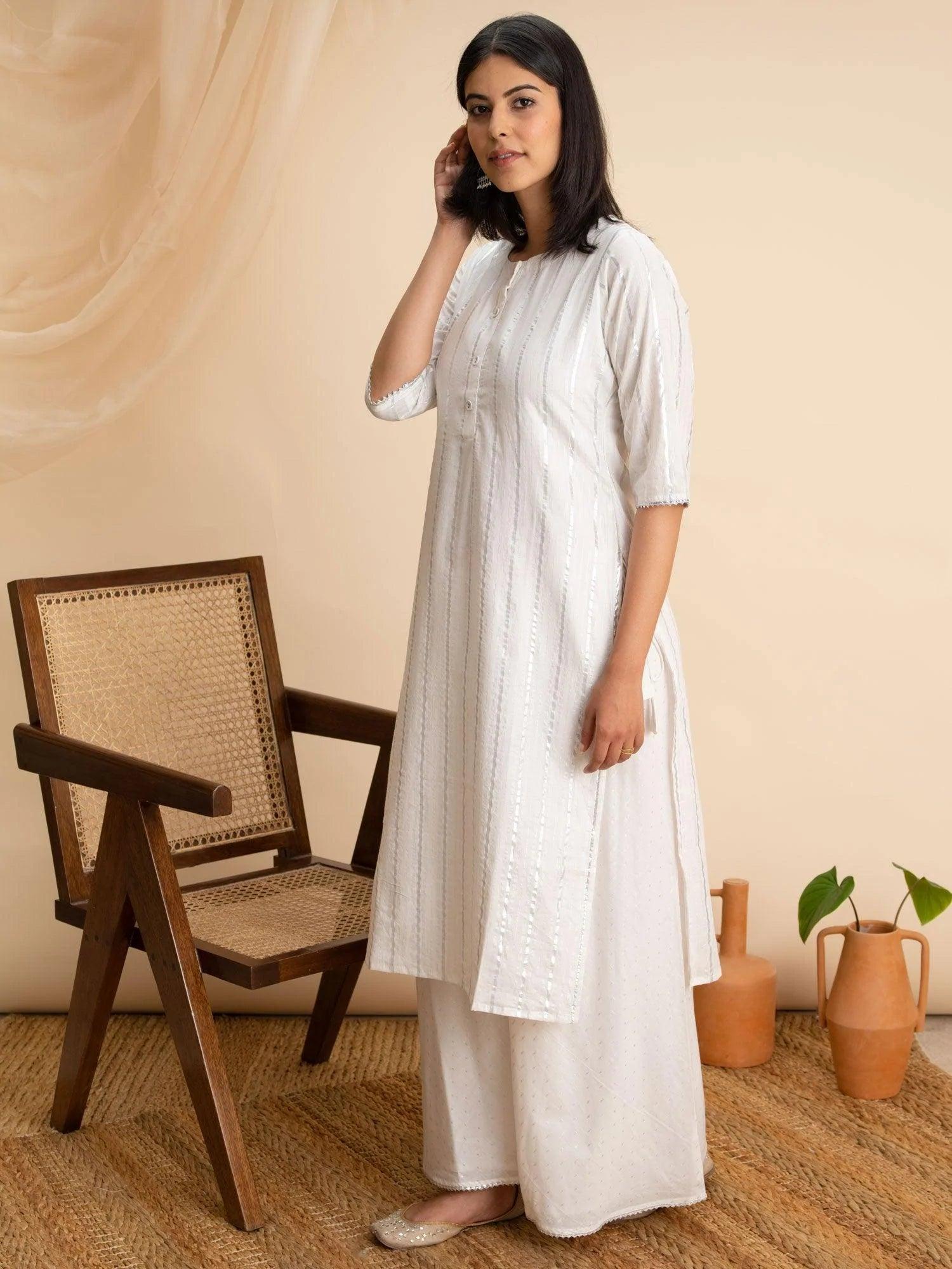 White Woven Design Cotton Kurta