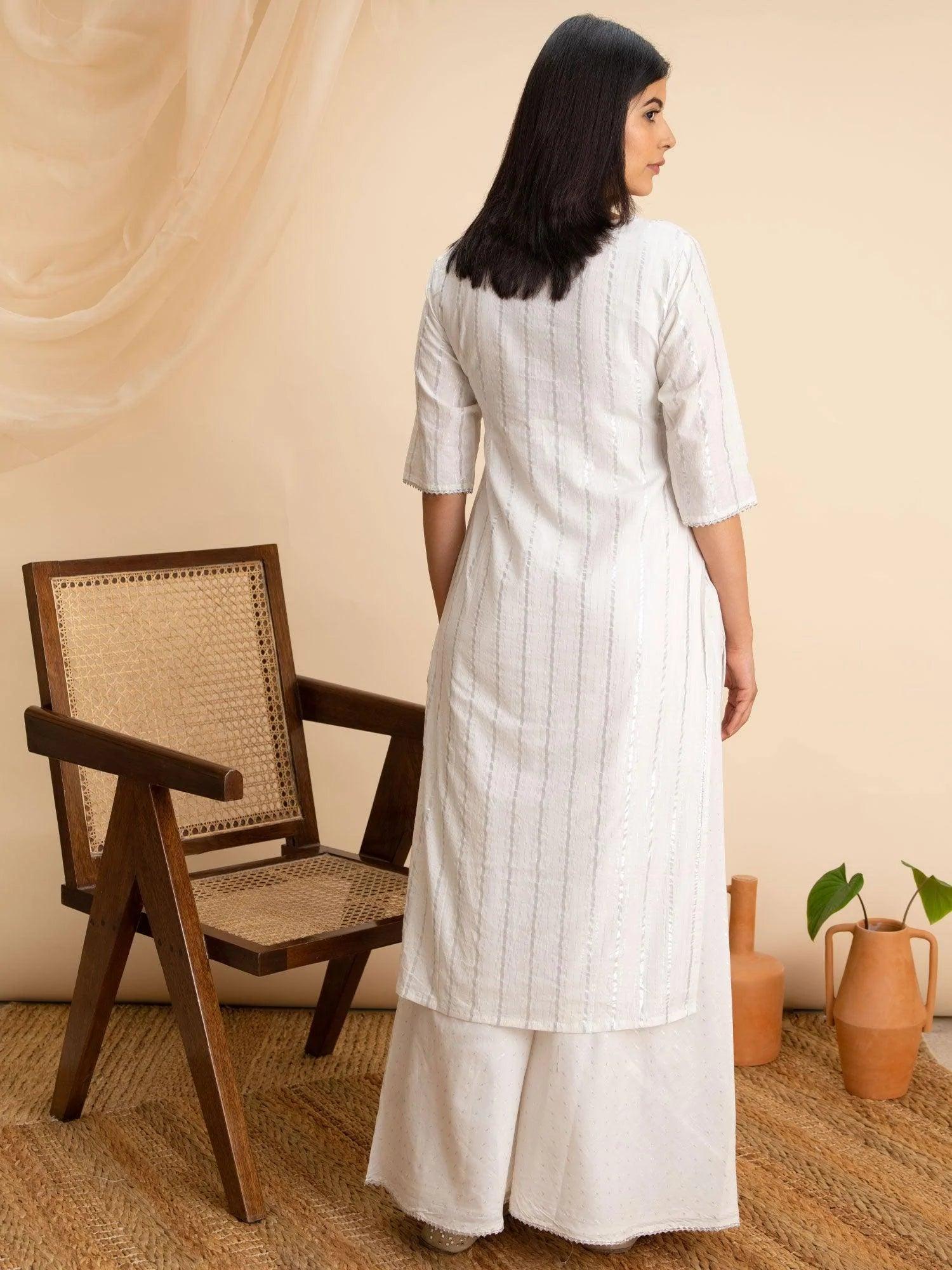 White Woven Design Cotton Kurta