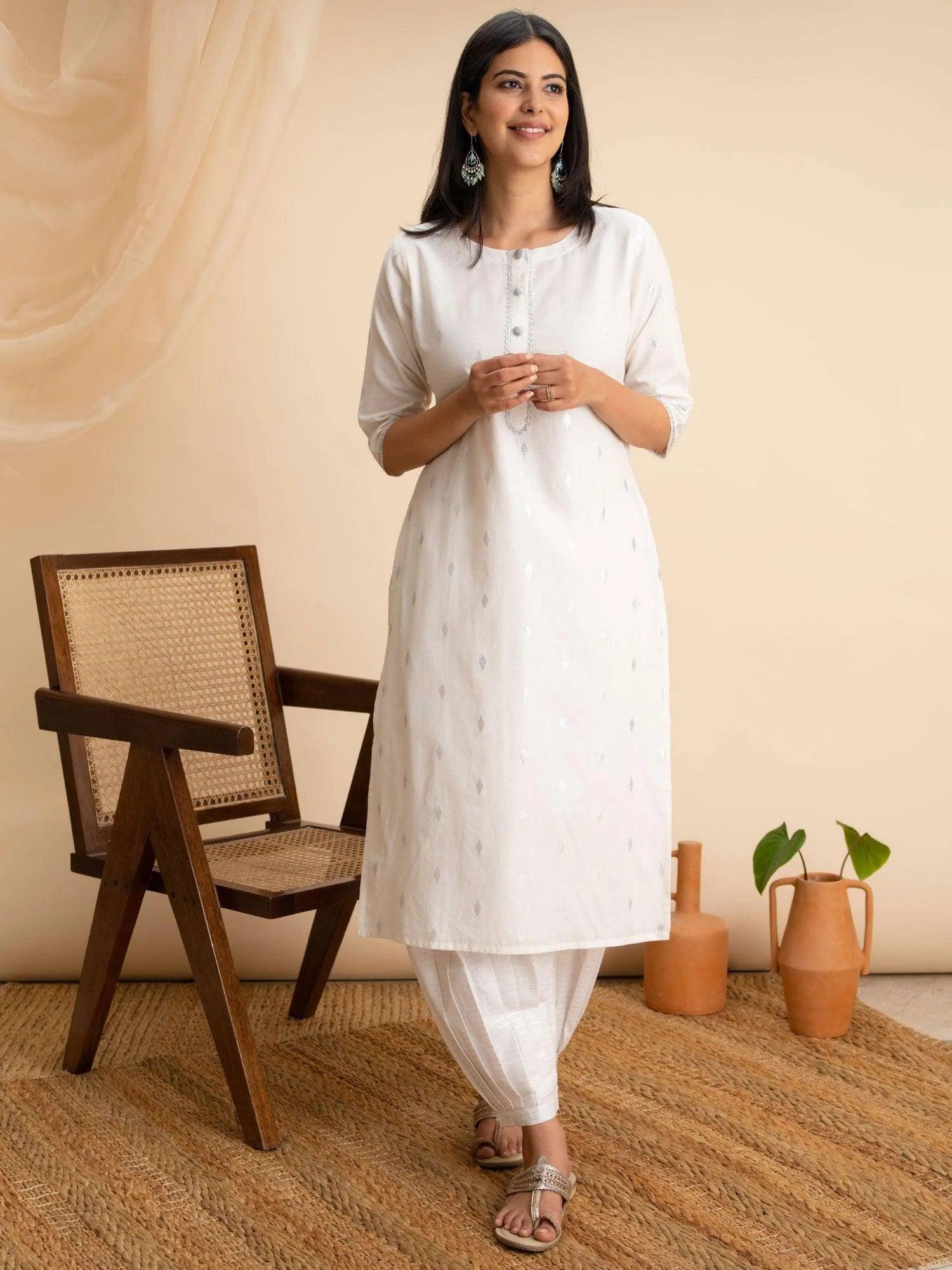 White Woven Design Cotton Kurta