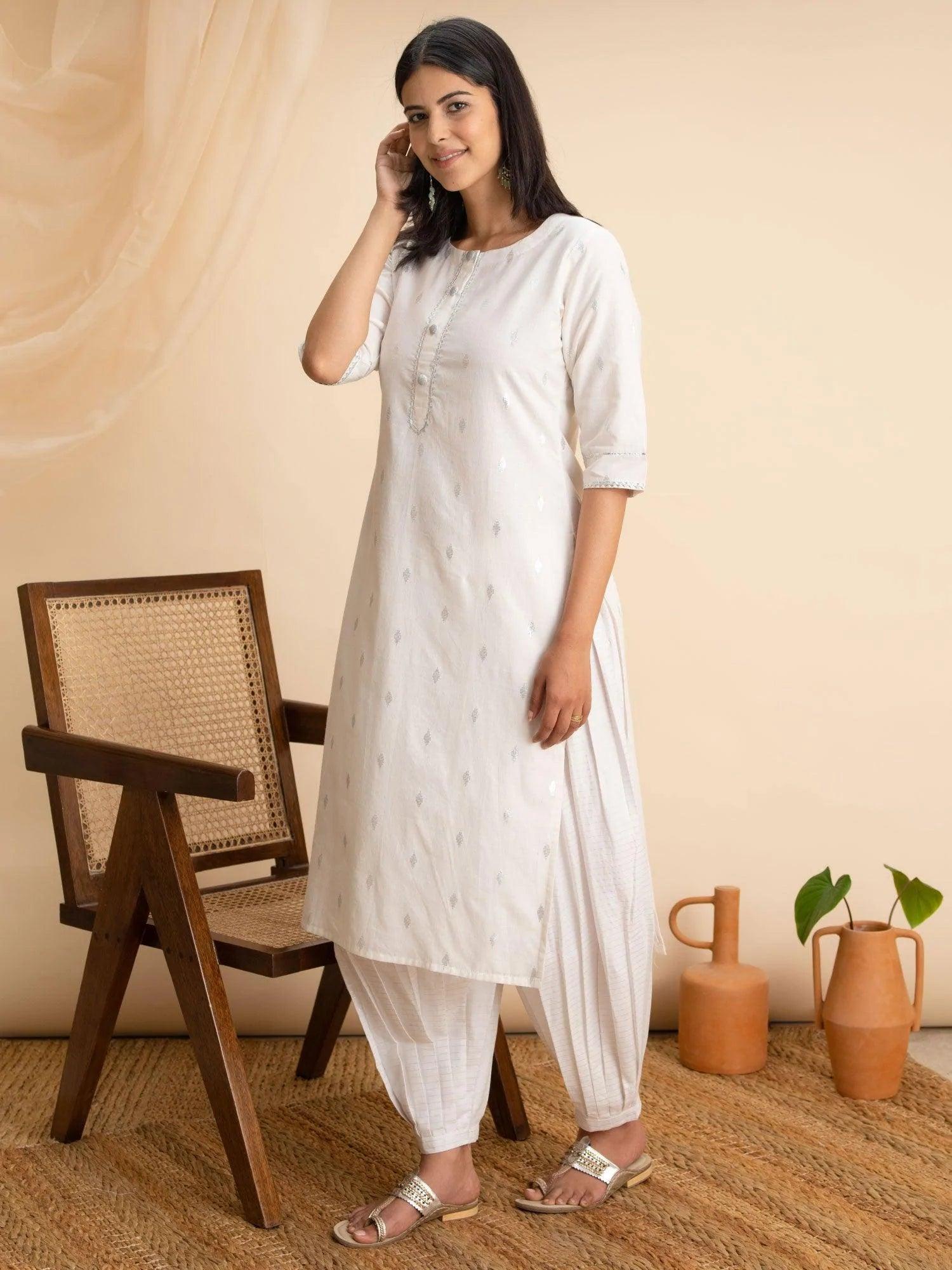 White Woven Design Cotton Kurta