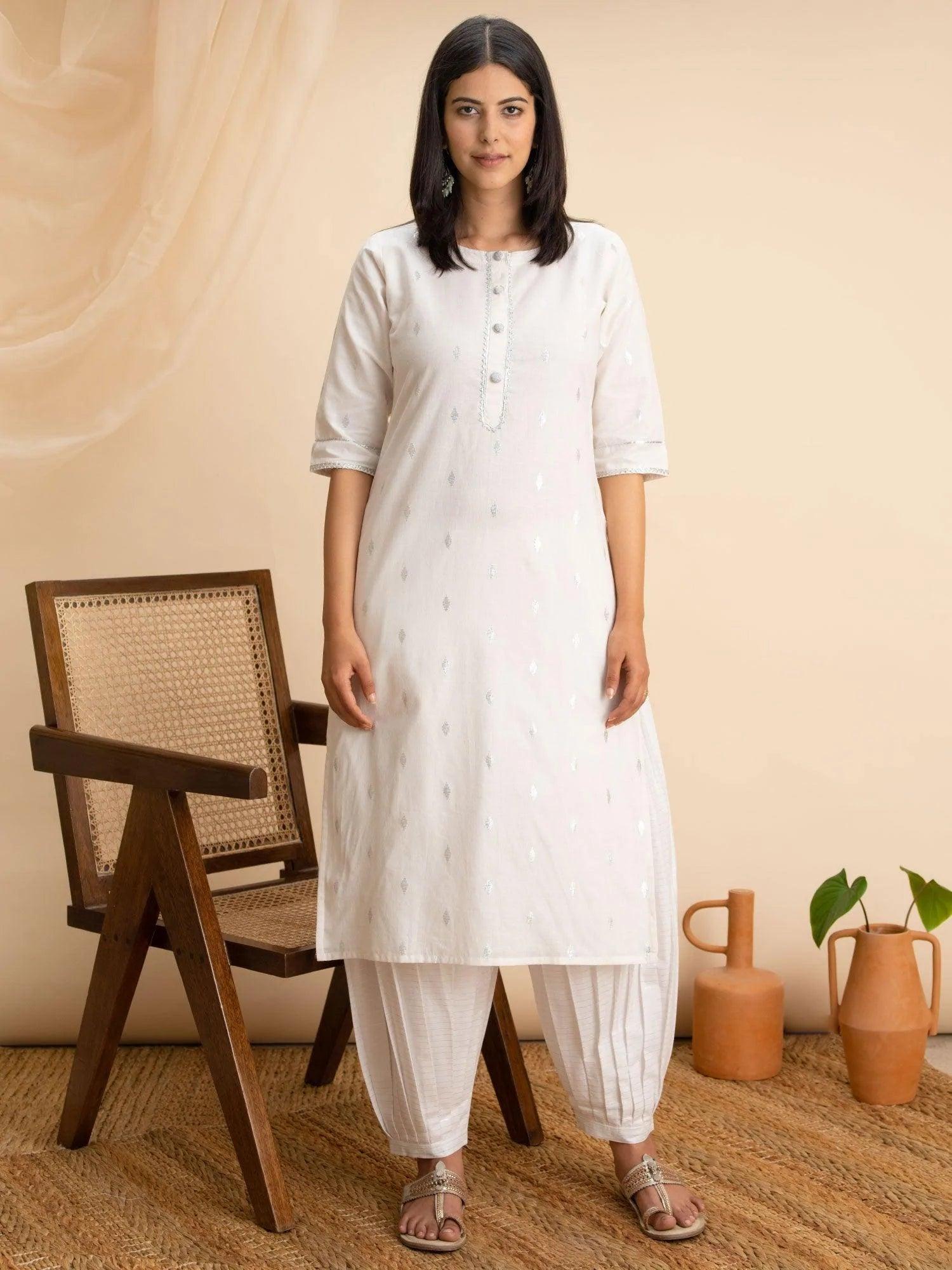 White Woven Design Cotton Kurta