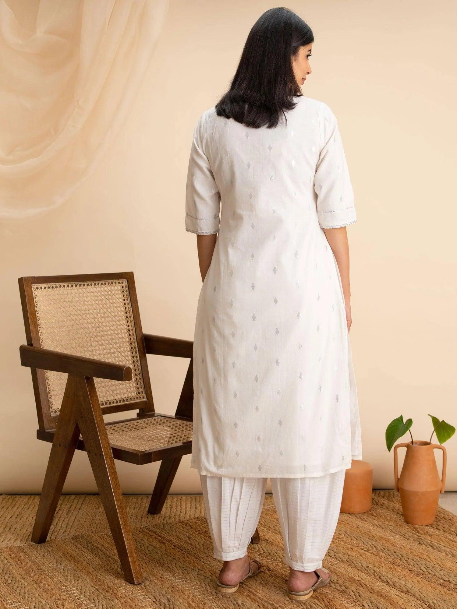 White Woven Design Cotton Kurta