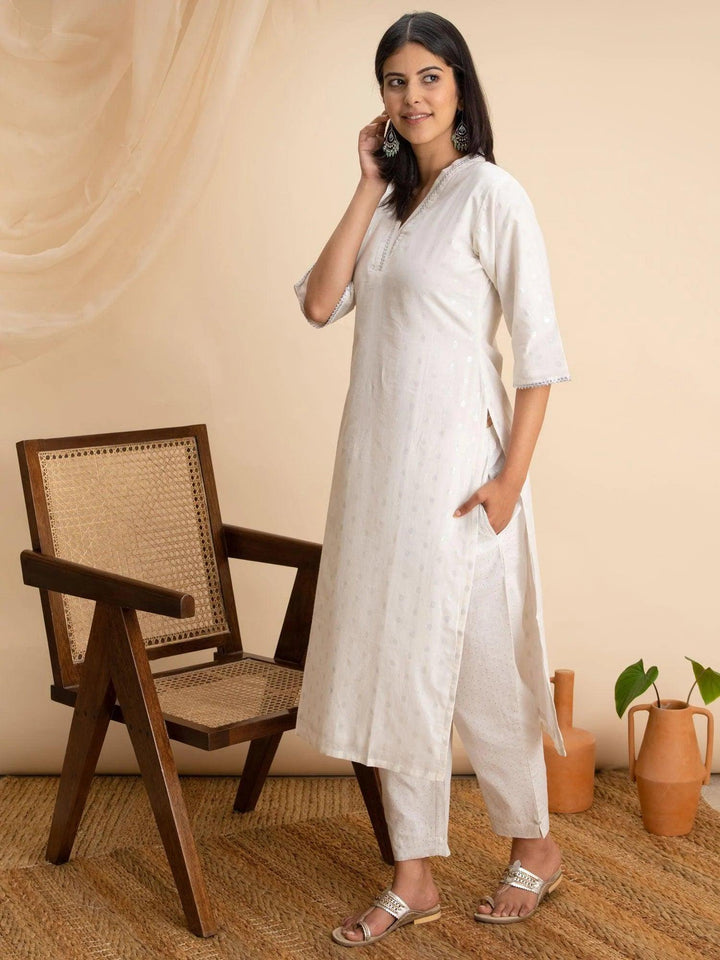 White Woven Design Cotton Kurta - ShopLibas