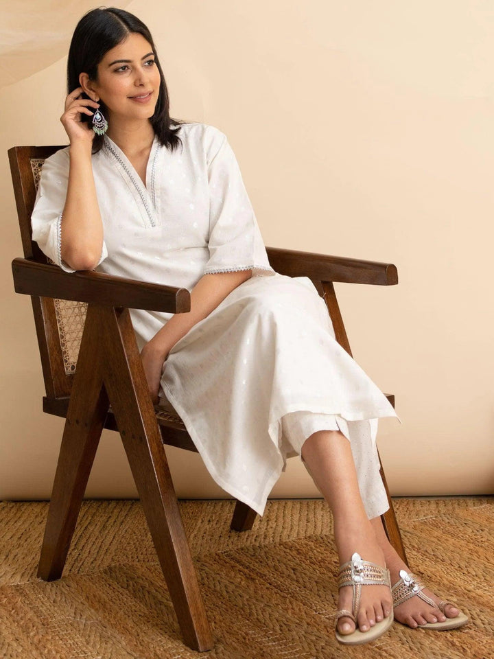 White Woven Design Cotton Kurta - ShopLibas