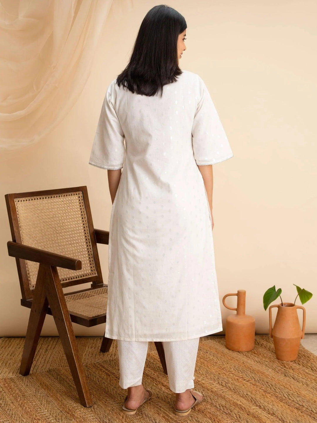 White Woven Design Cotton Kurta - ShopLibas