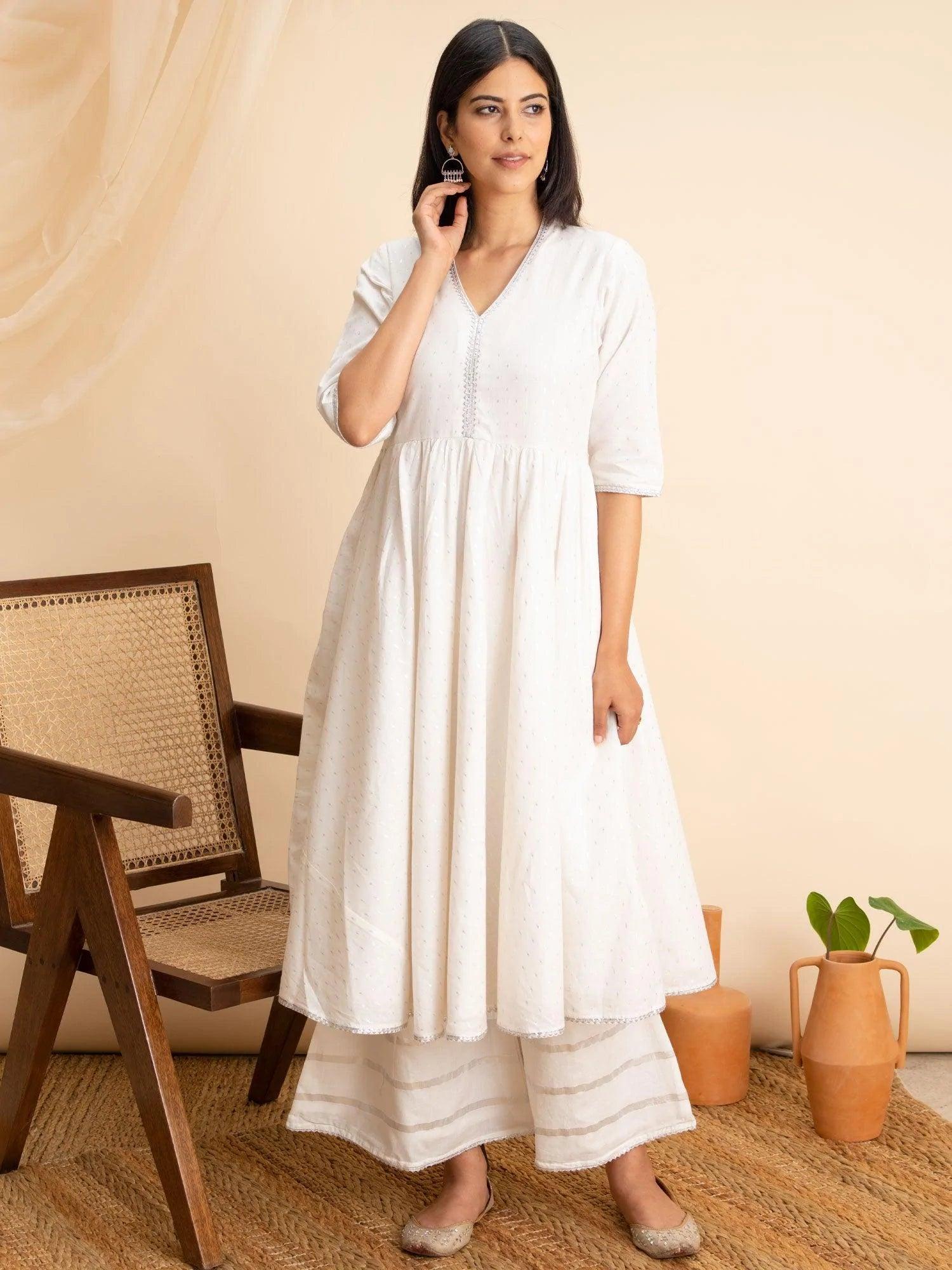 White Woven Design Cotton Kurta