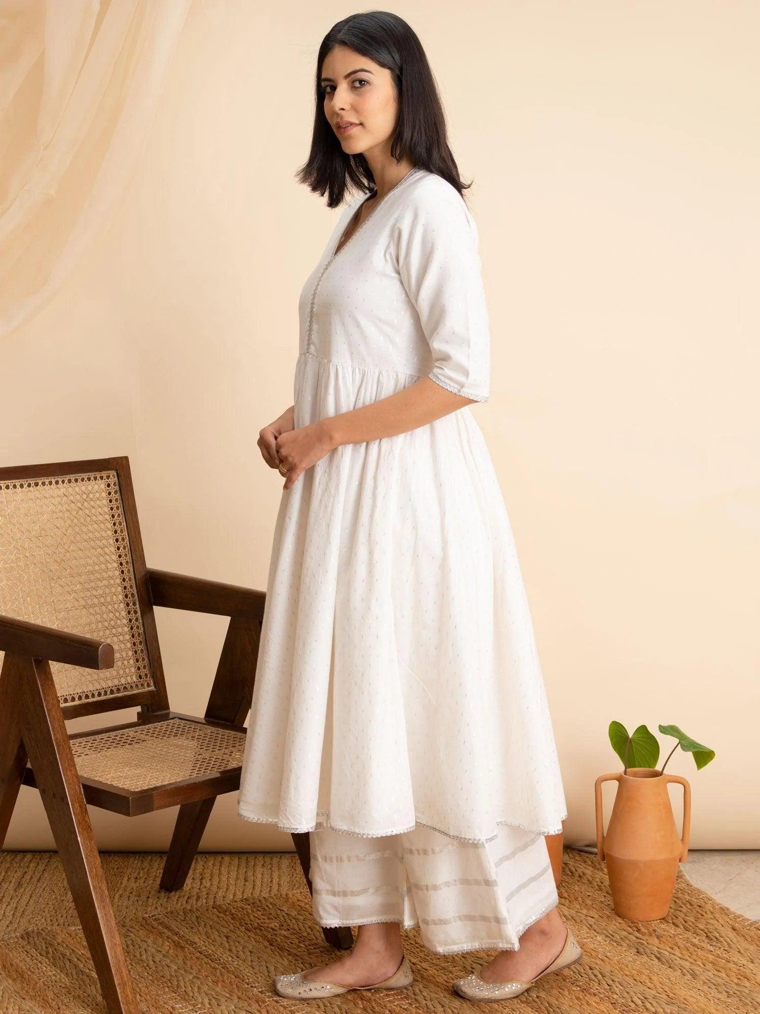 White Woven Design Cotton Kurta