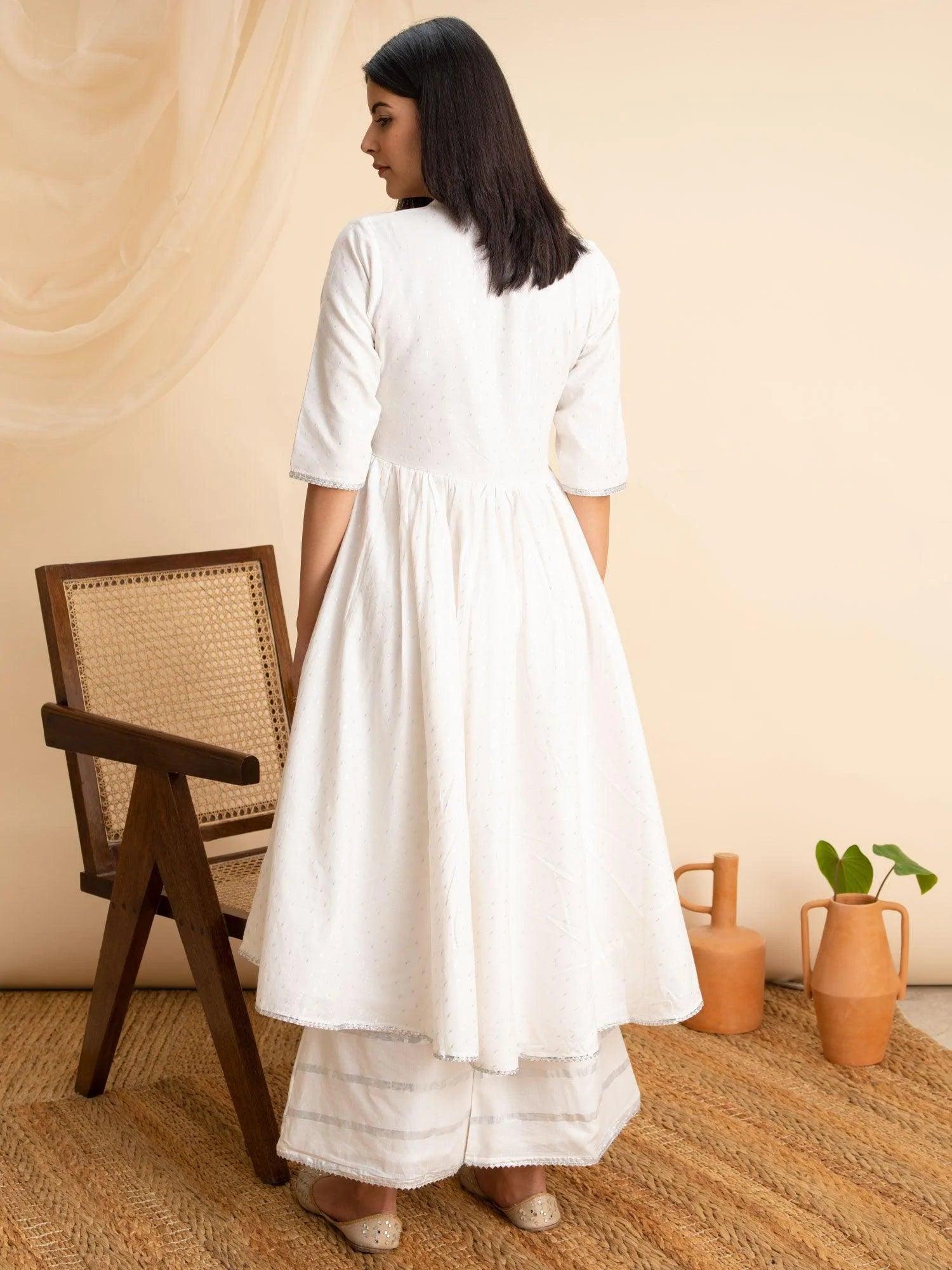 White Woven Design Cotton Kurta