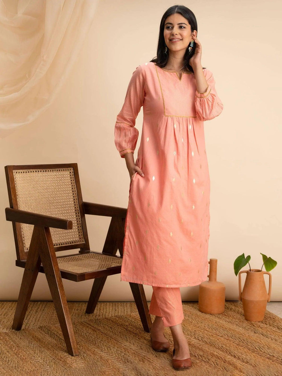 Peach Woven Design Cotton Kurta - ShopLibas