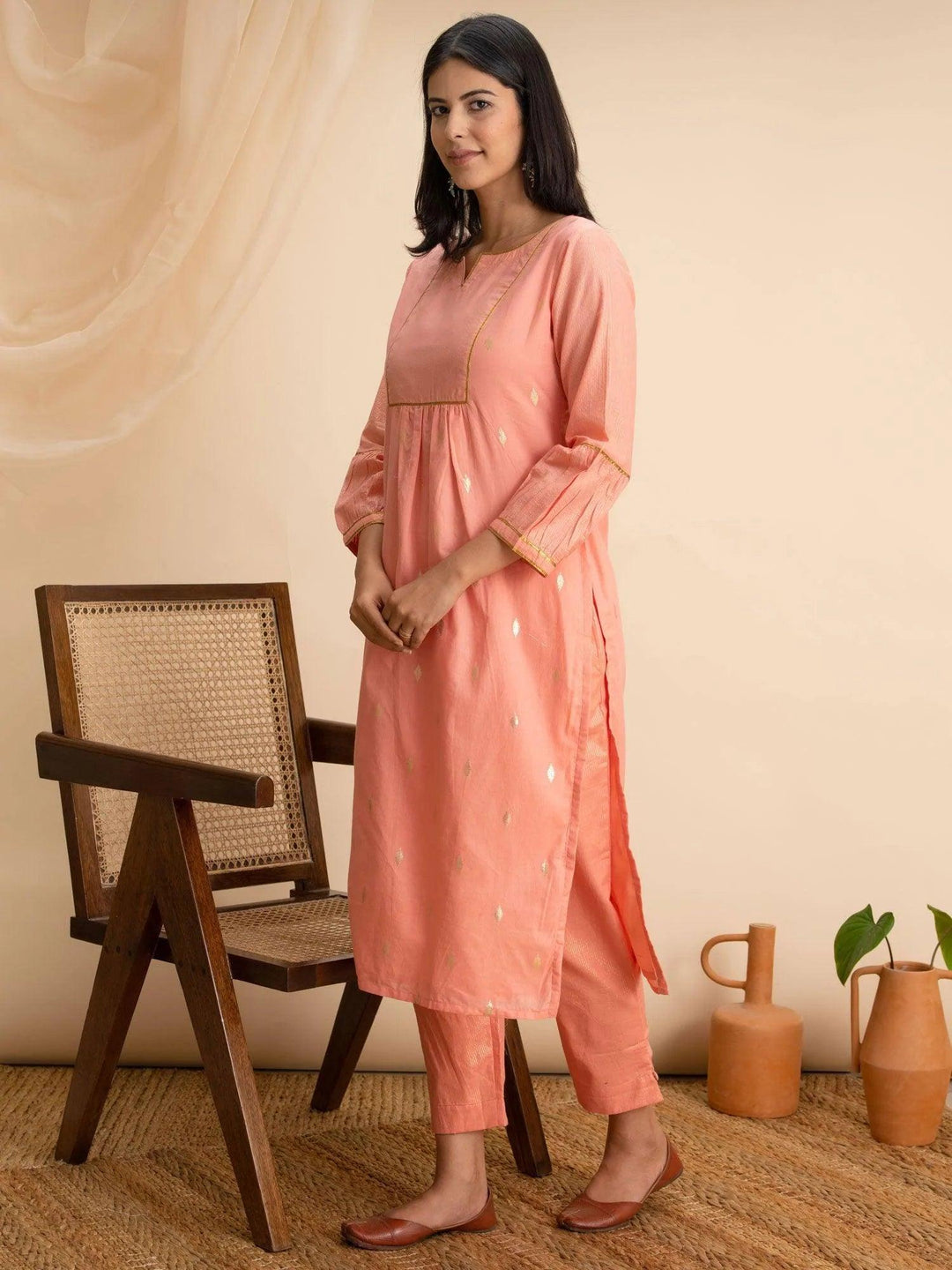 Peach Woven Design Cotton Kurta - ShopLibas