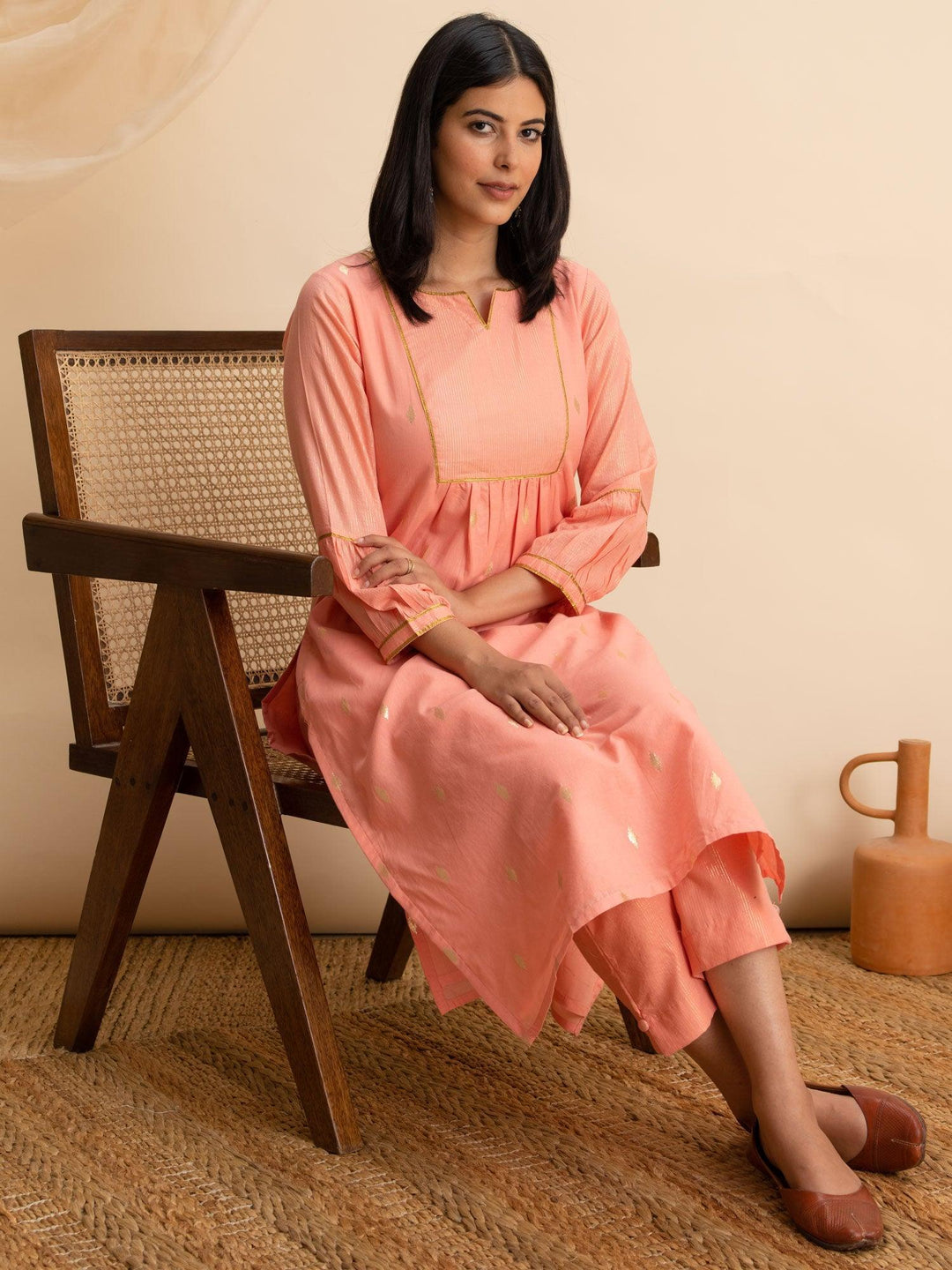 Peach Woven Design Cotton Kurta - ShopLibas