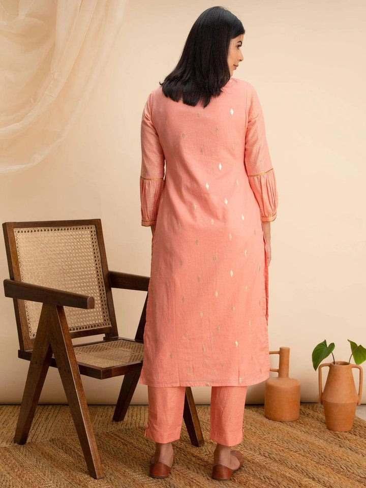 Peach Woven Design Cotton Kurta - ShopLibas