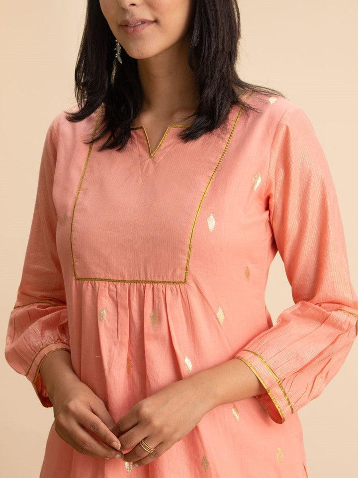 Peach Woven Design Cotton Kurta - ShopLibas