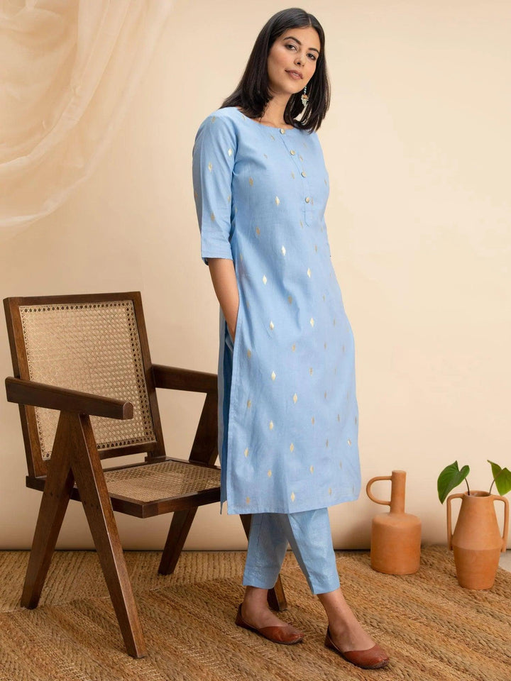 Blue Woven Design Cotton Kurta - ShopLibas