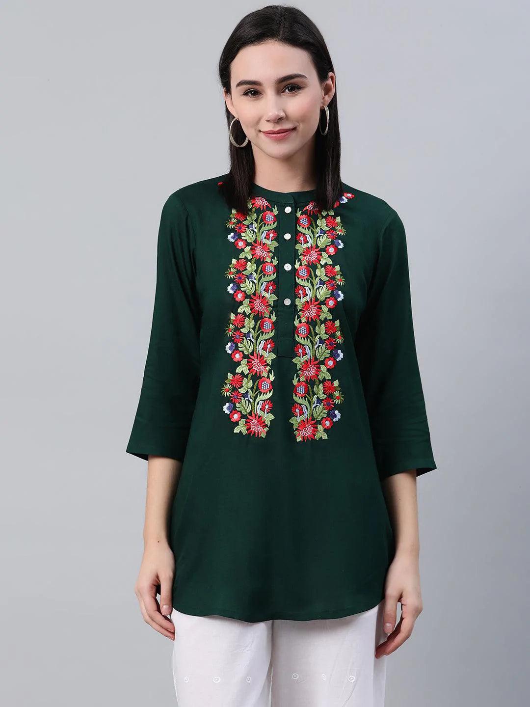 Green Embroidered Rayon Kurti