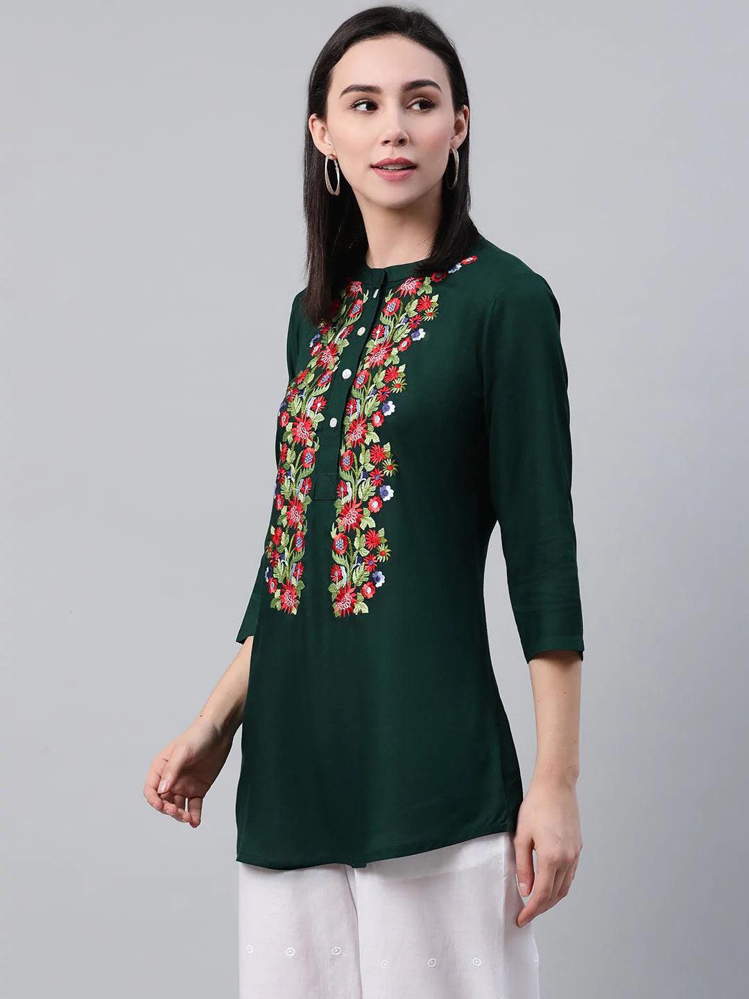 Green Embroidered Rayon Kurti