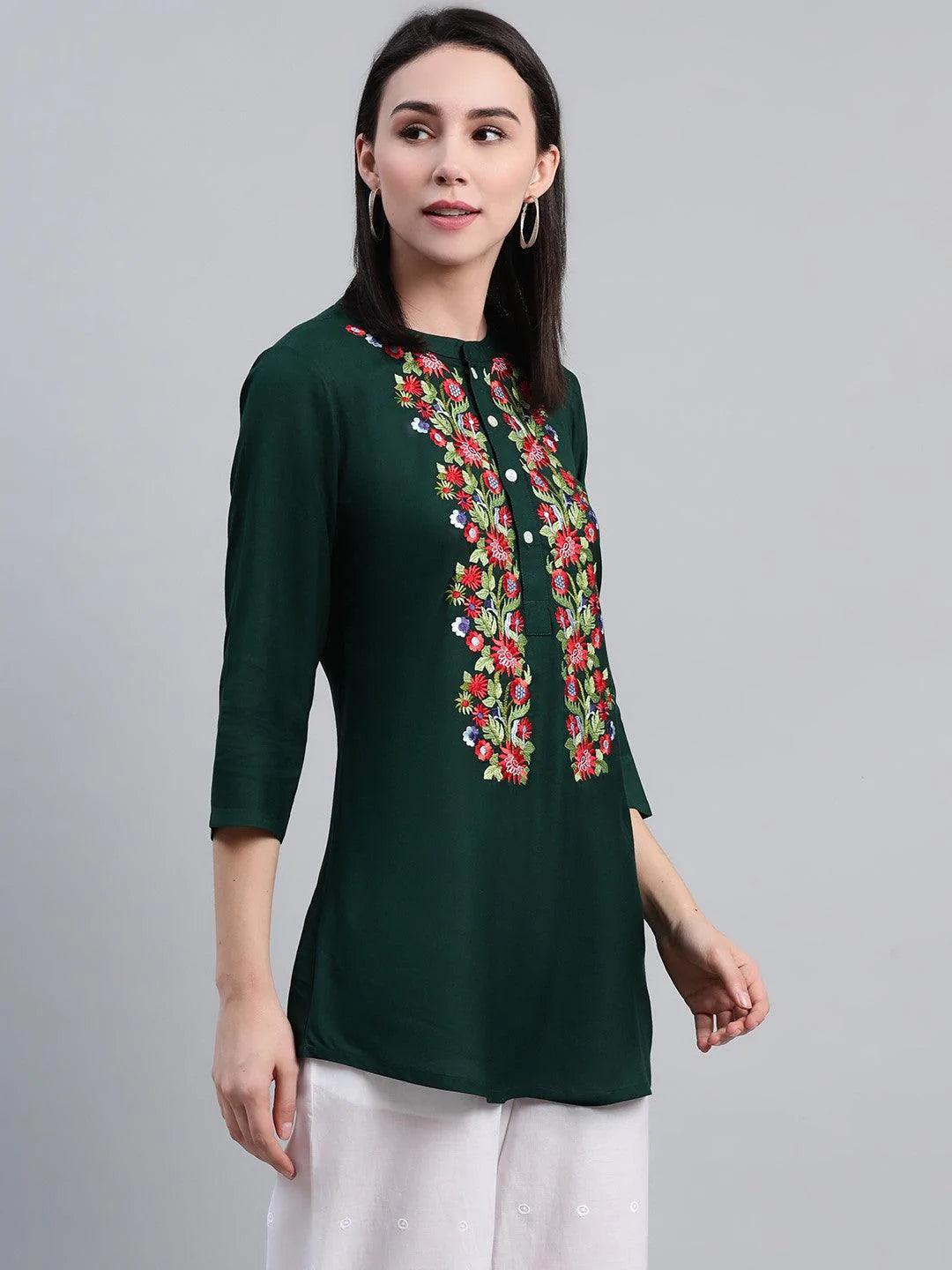 Green Embroidered Rayon Kurti