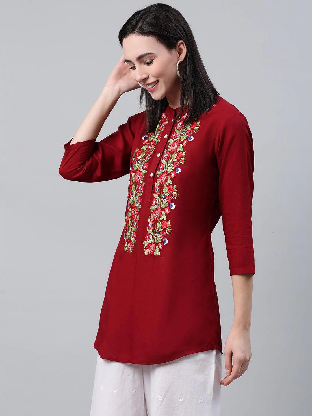 Maroon Embroidered Rayon Kurti - ShopLibas