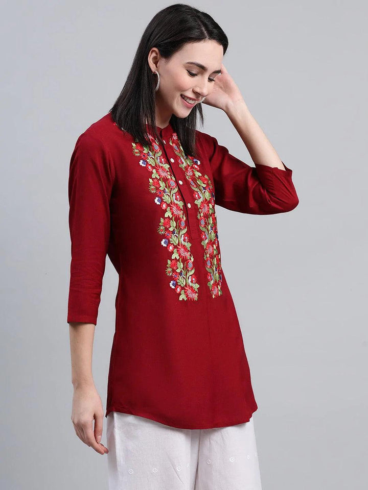 Maroon Embroidered Rayon Kurti - ShopLibas