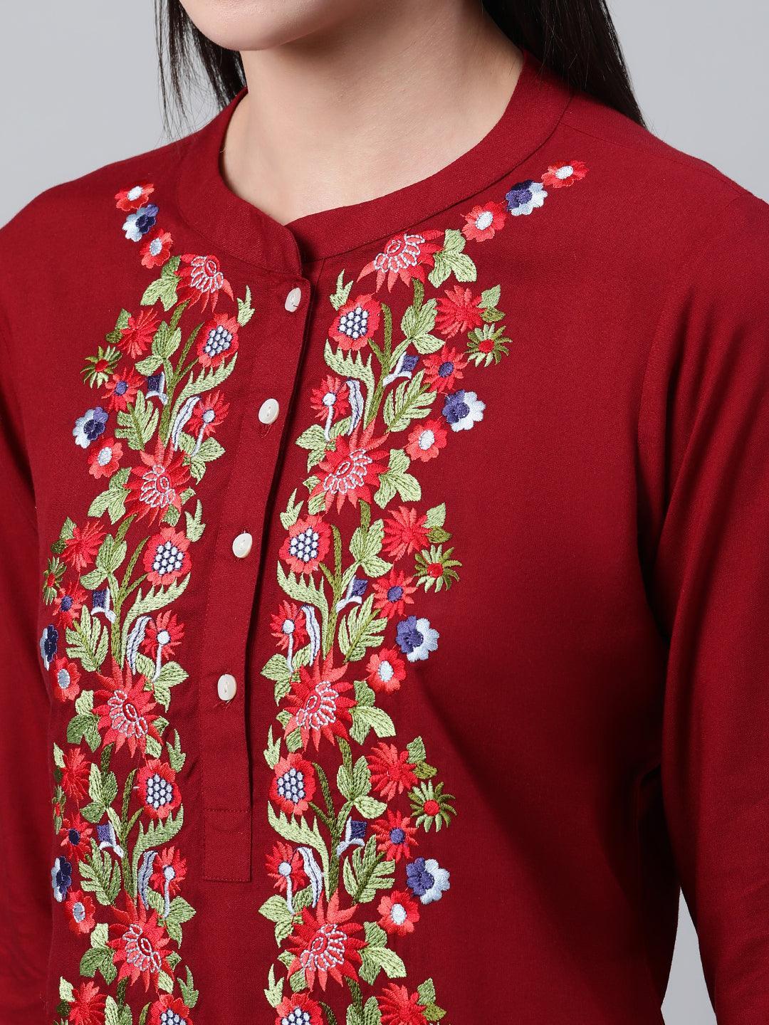 Maroon Embroidered Rayon Kurti - ShopLibas