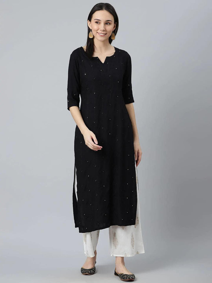 Black Embroidered Rayon Kurta - ShopLibas