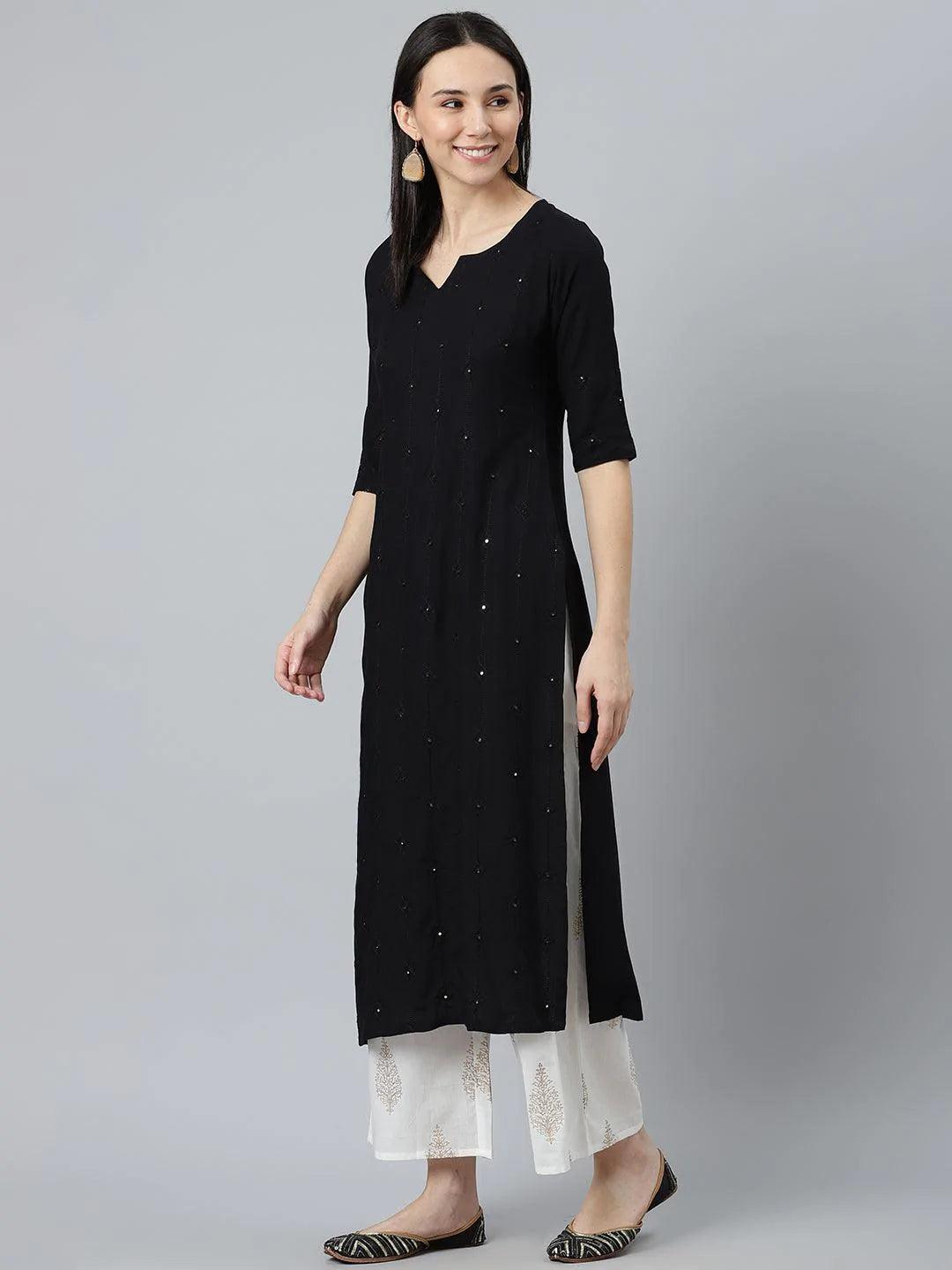 Black Embroidered Rayon Kurta