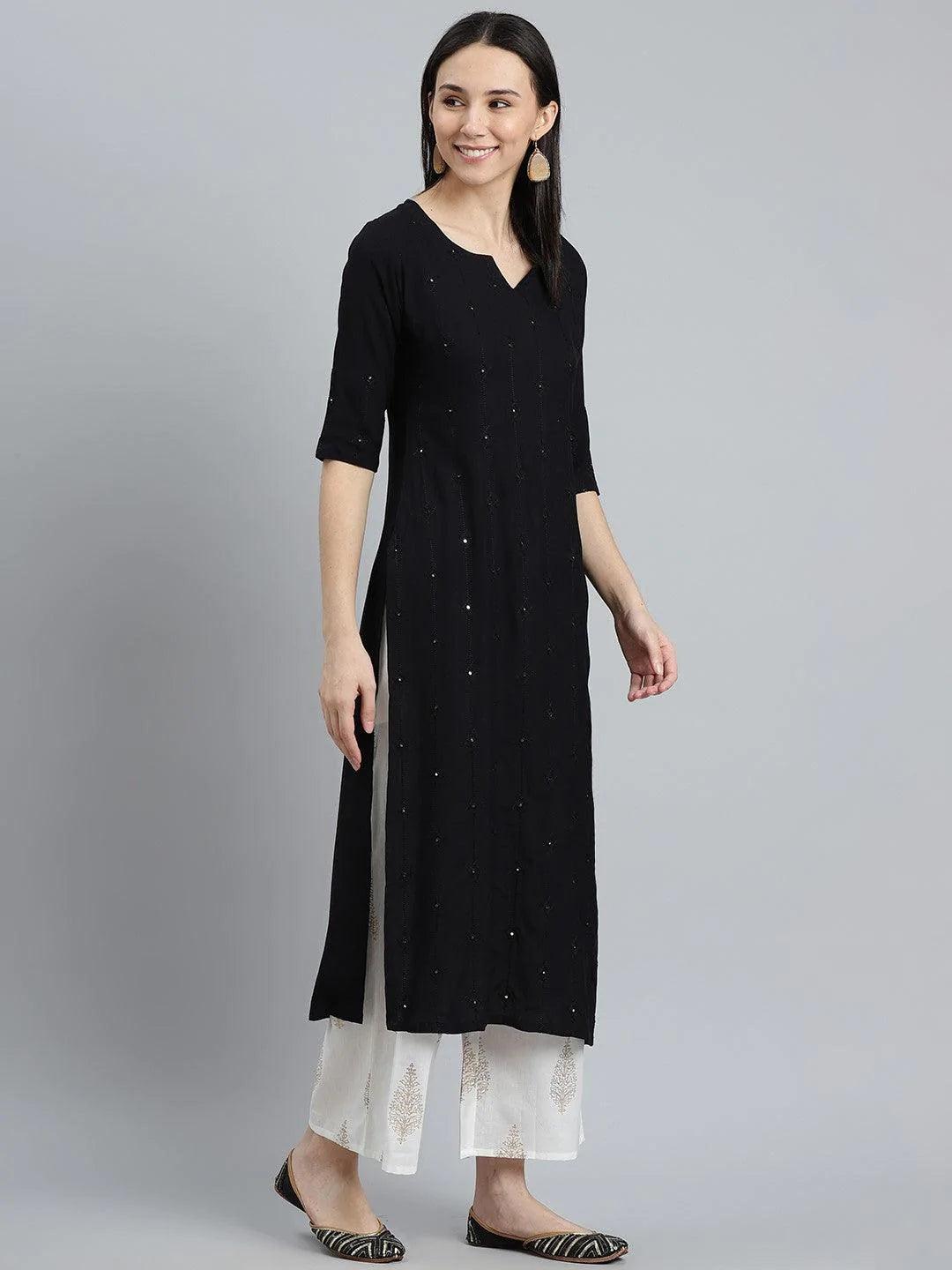 Black Embroidered Rayon Kurta